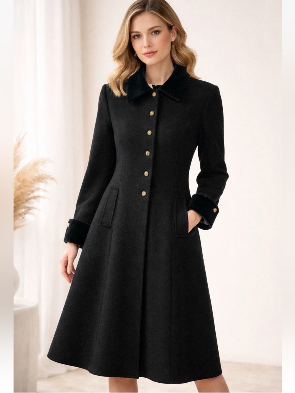 MDP Mario De Pinto Black Wool Coat Velvet Collar Gold Buttons Sz M 48”